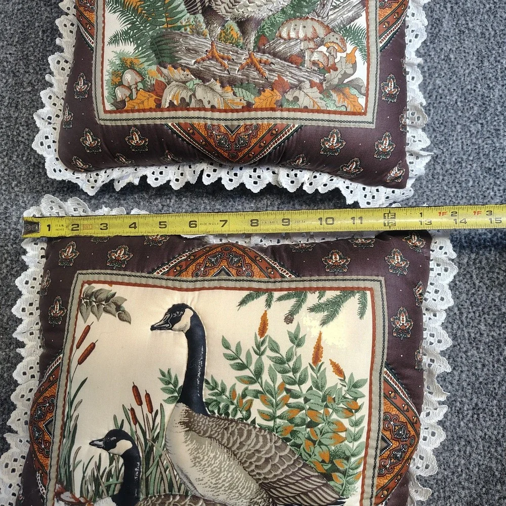 Vintage Cottagecore Tapestry Throw Pillow Set Turkey Goose Lace Trim Wildlife